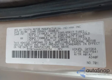 2004 Toyota Sequoia Sr5 V8 from USA, damaged, VIN 5TDBT44A44S223154